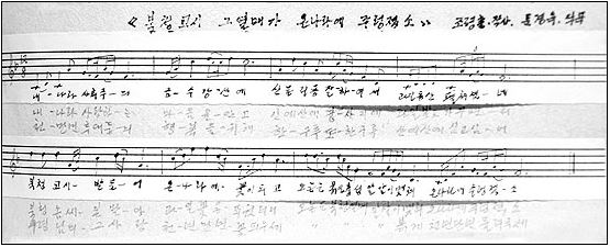1970년 창작한 곡으로 김정일 국방위원장이 “민요곡을 아주 잘 썼다”라고 평가한 <북청교시 그 열매가 온 나라의 주렁졌소> 악보의 일부. 문경옥이 직접 그린 악보이다.
